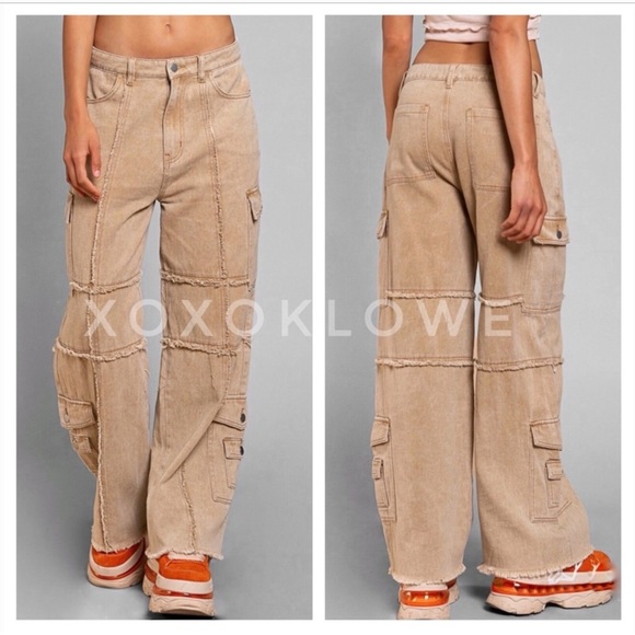 POL Reverse Seamed Relaxed Fit Straight Wide Leg Cargo Jeans in Coffee - Picture 7 of 13